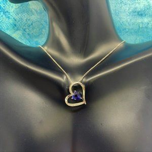 14K Gold Created Blue Sapphire & Diamond Pendant
